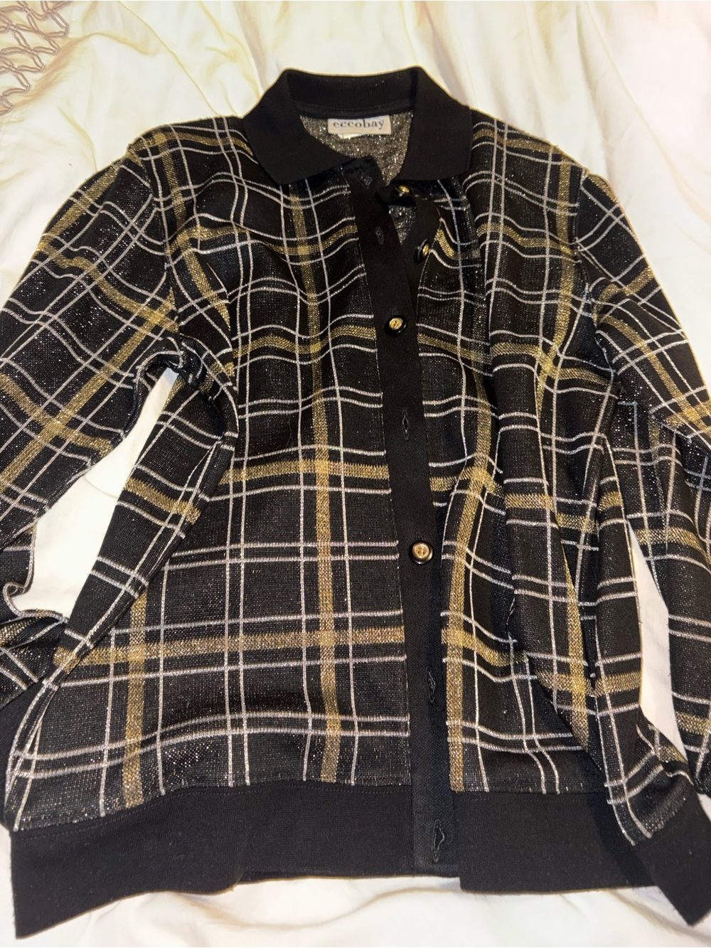 Vintage Eccobay Gold Black Metallic Lurex Plaid Button Front Cardigan- Sz Med